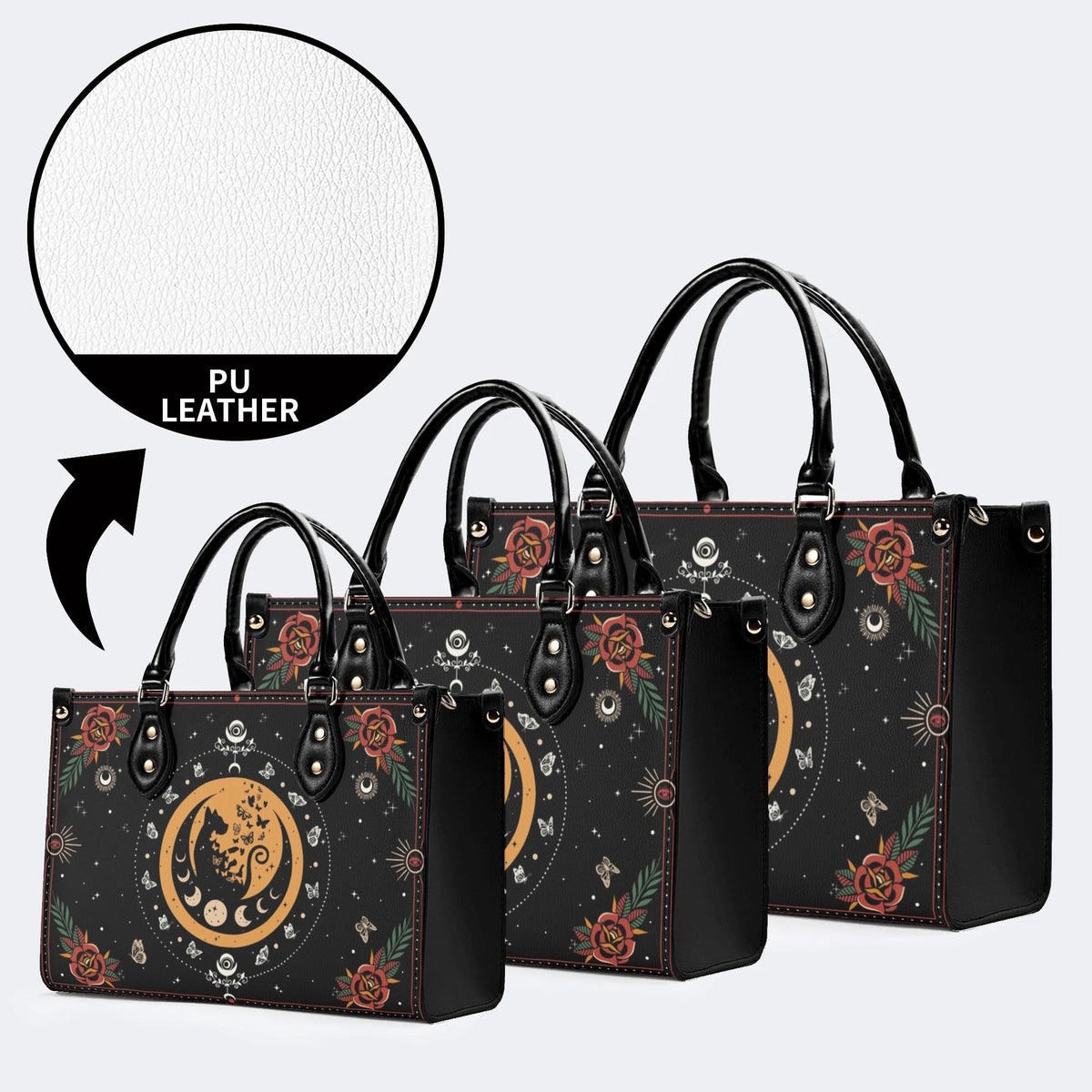 Dark Retro Moon Cat And Moth Print - Leather Handbag