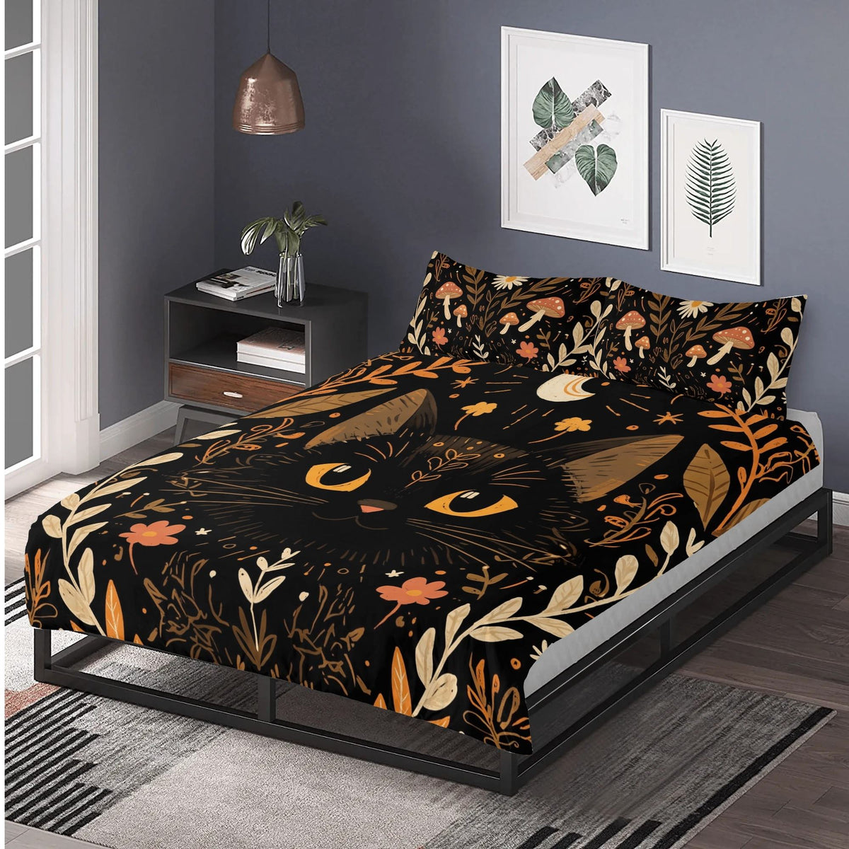 Boho Occult Black Cat - Three Piece Bedding Set