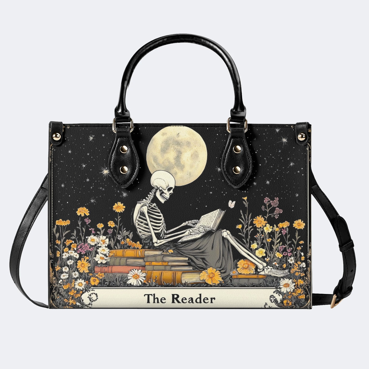 Skeleton Reading A Book Among Flowers - Leather Handbag