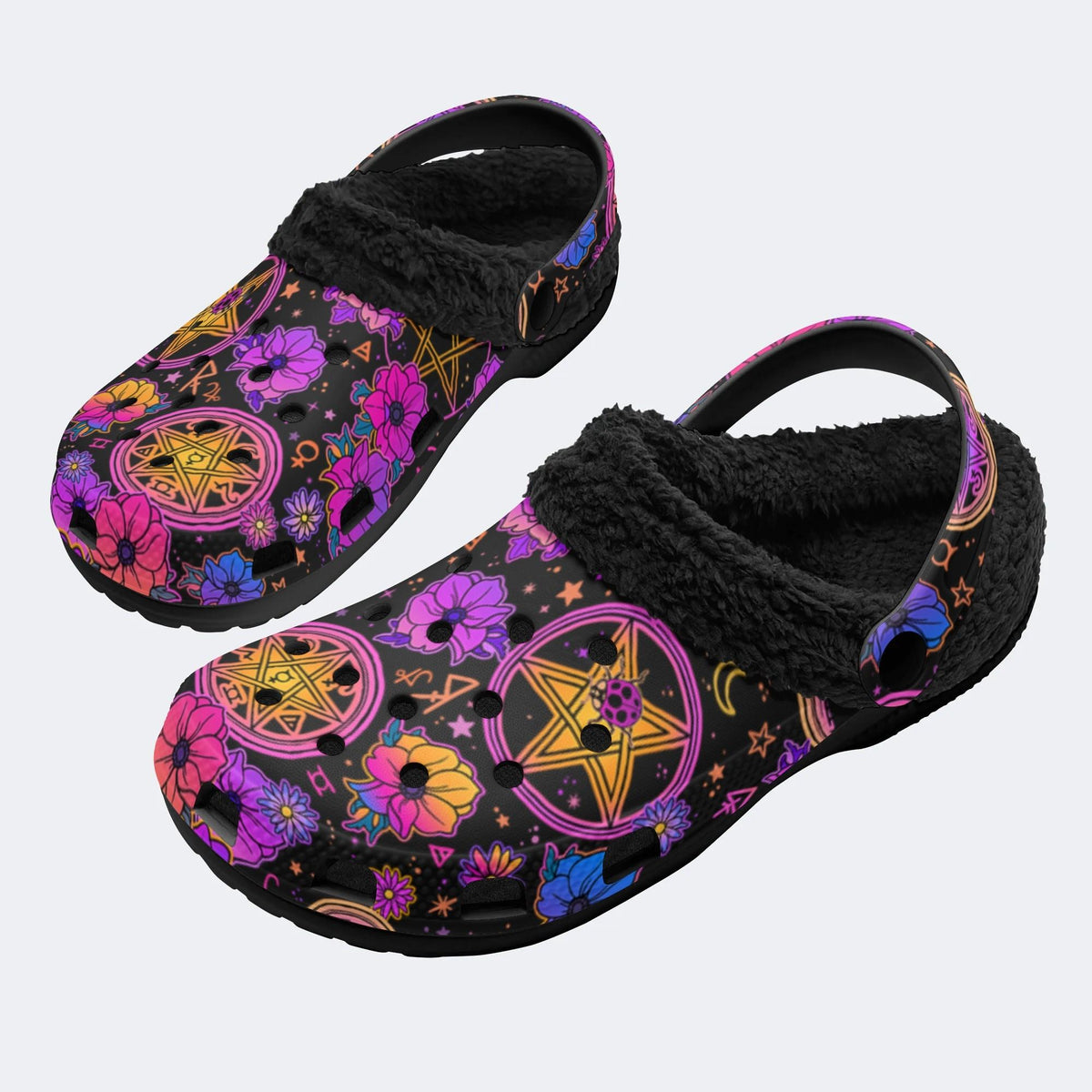 Magical Symbols&Flowers Print- Fur Lined Slippers/Sandals