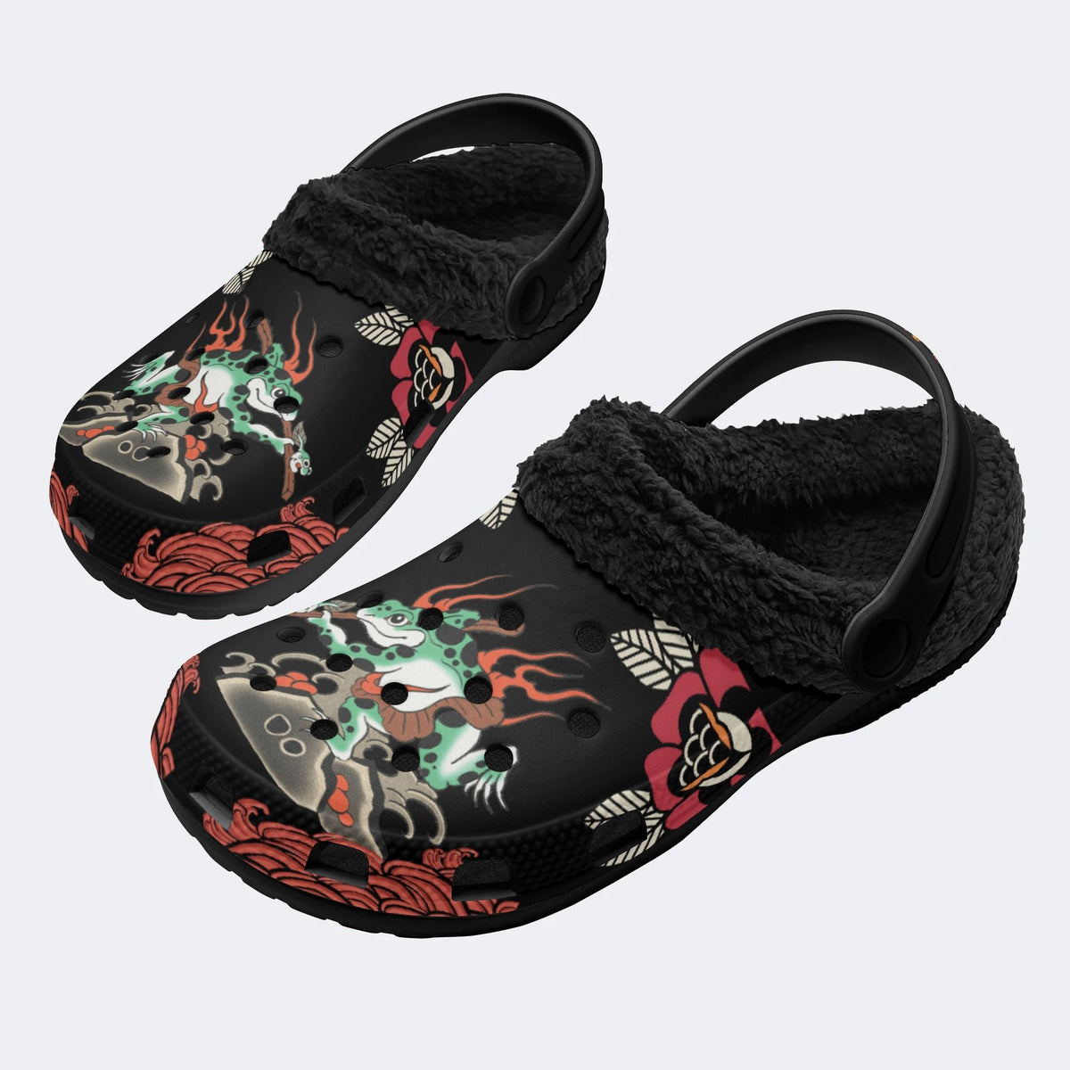 Japanese Samurai Frog Print - Fur Lined Slippers/Sandals