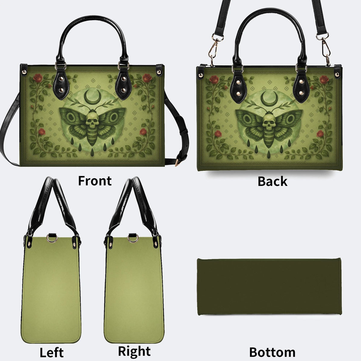Green Death Moth Floral Print - Leather Handbag