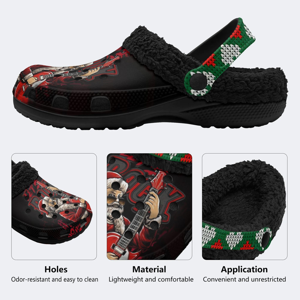 Rockin' Santa Claus Print - Fur Lined Slippers/Sandals