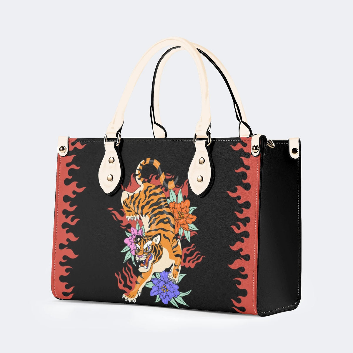 Old School Tiger and Flower Print - Leather Handbag
