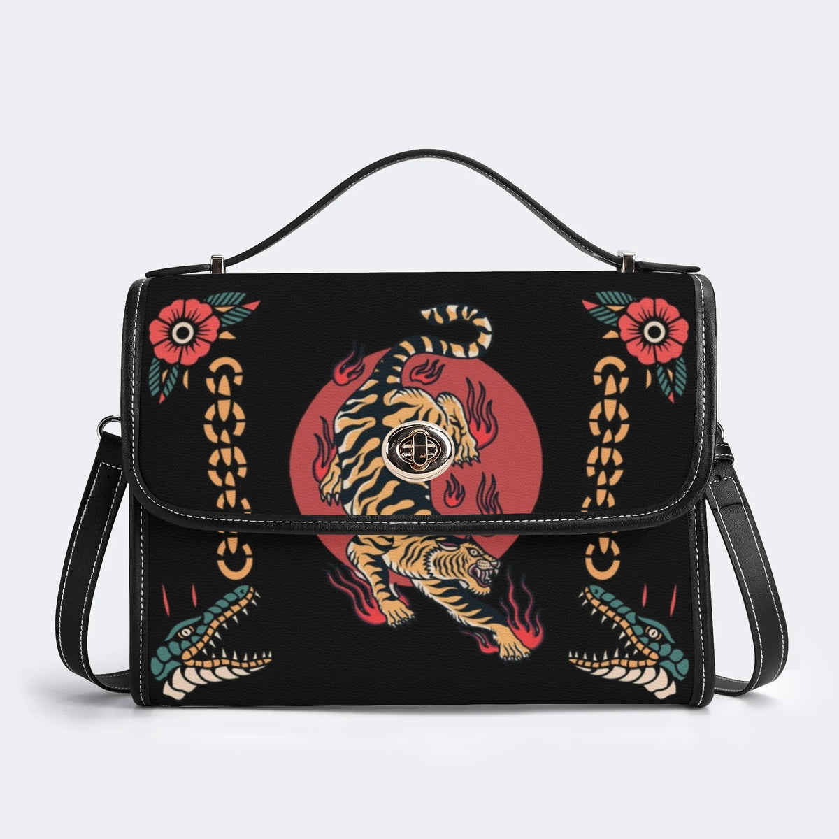 Old School Tiger & Crocodile Print - Leather Satchel Bag