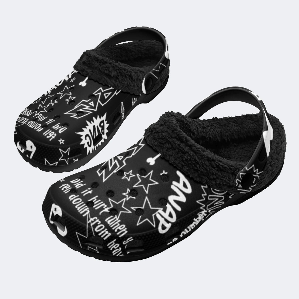 Black White Punk Text - Fur Lined Slippers/Sandals