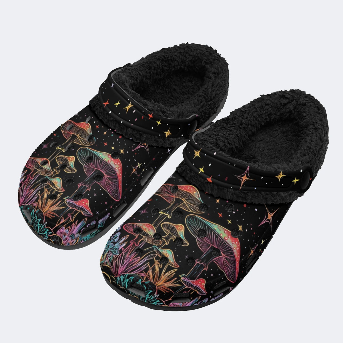 Colorful Starry Sky Mushroom Print - Fur Lined Slippers/Sandals