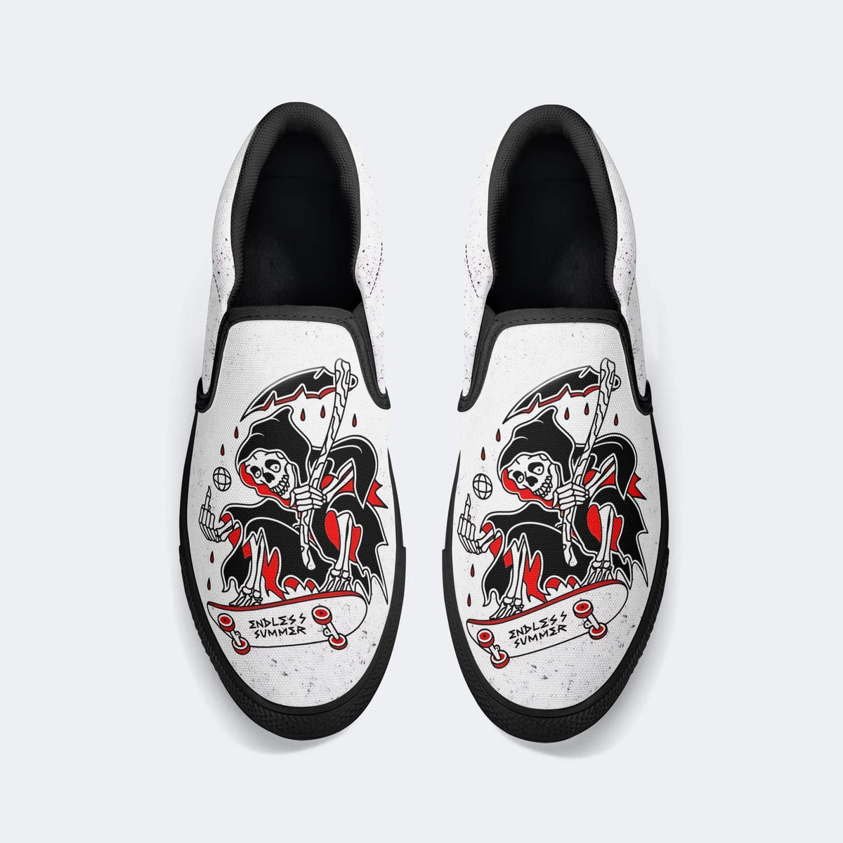 Skateboard Skull Print - Slip On Shoes