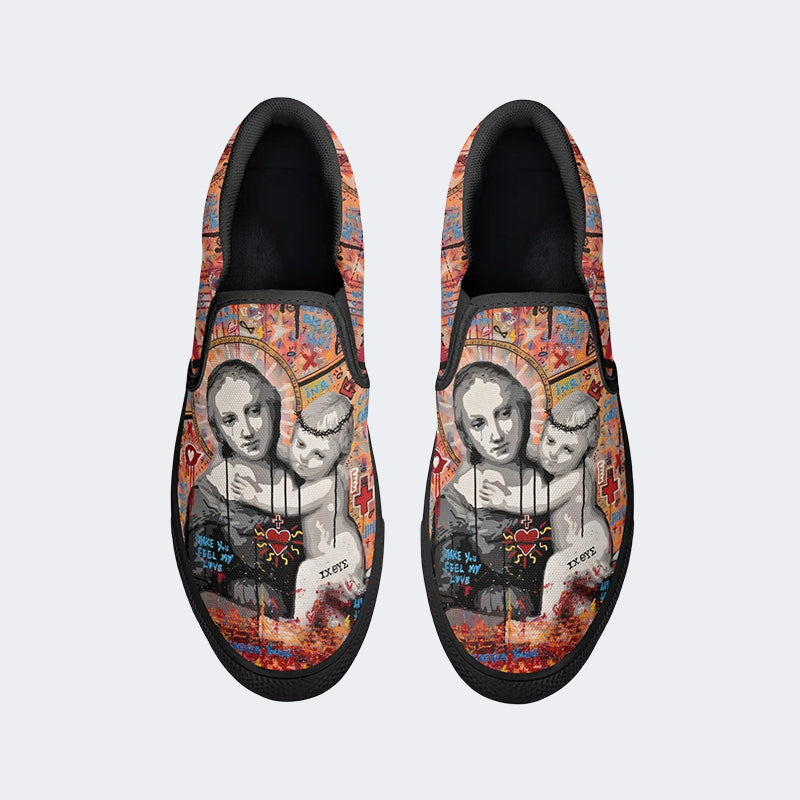 Unisex Christ Mary Graffiti Art Print - Slip On Shoes