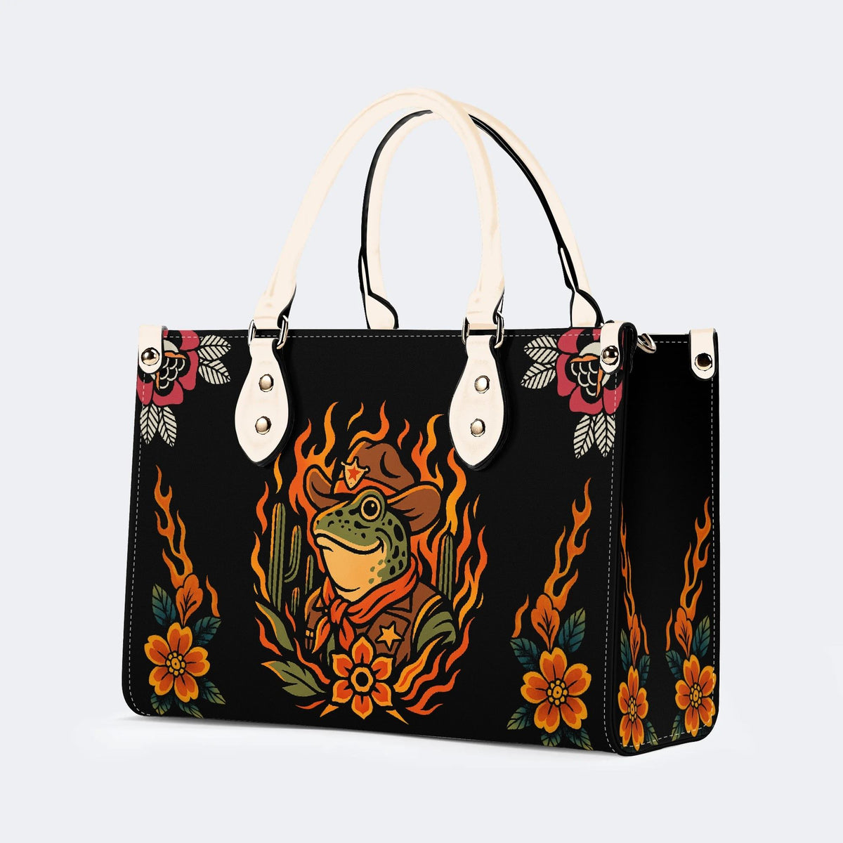 Flame Cowboy Frog Print - Leather Handbag
