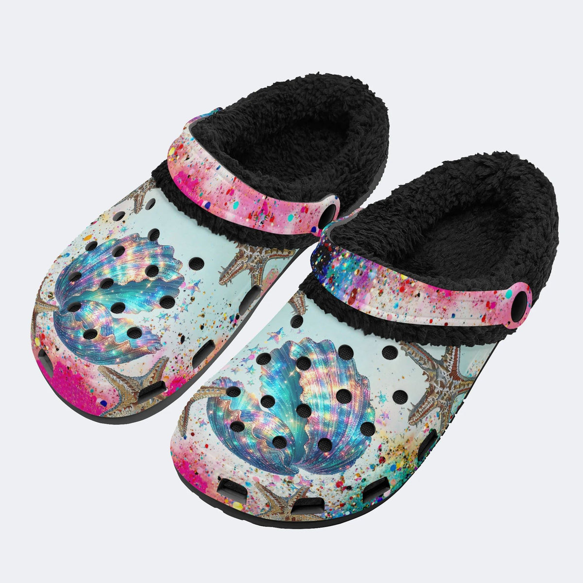 Colorful shells and starfish - Fur Lined Slippers/Sandals