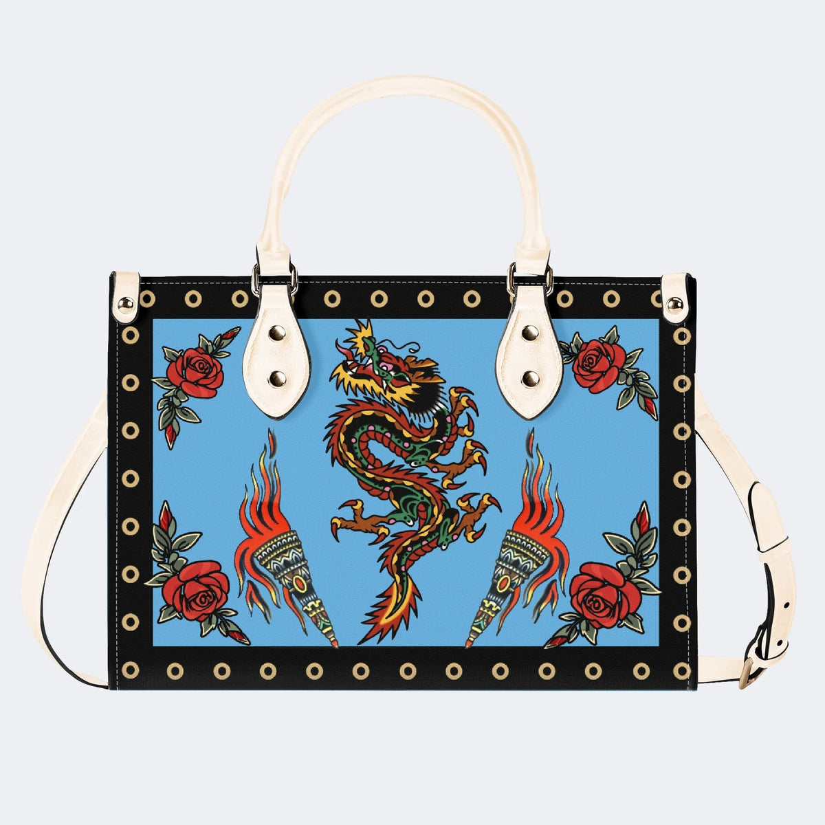 Vintage Torch And Dragon Print - Leather Handbag
