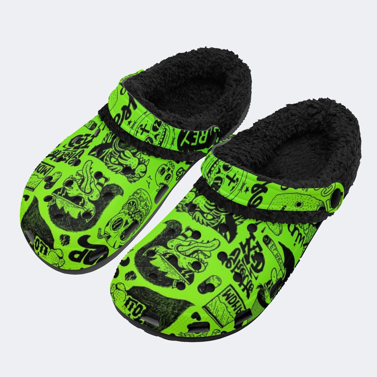 Green Skull Doodle - Fur Lined Slippers/Sandals