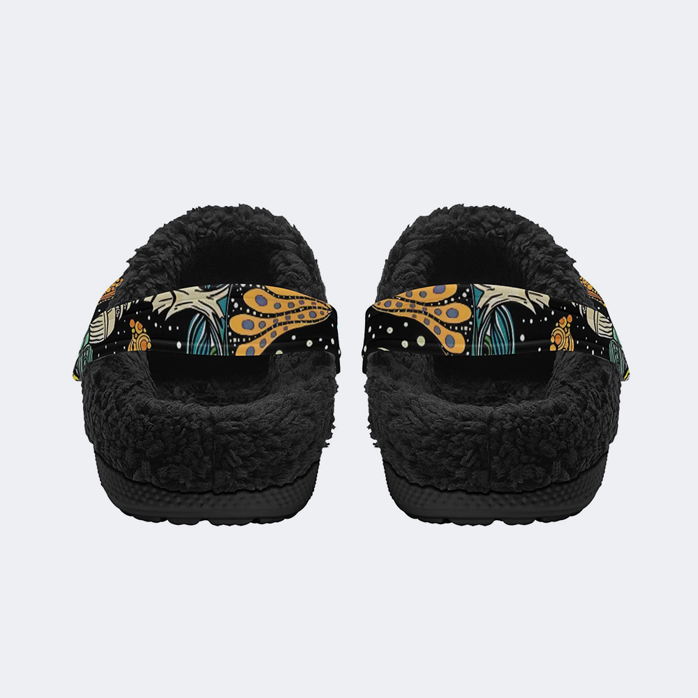 Retro Dark Mushroom Eyes Halloween Print - Fur Lined Slippers/Sandals