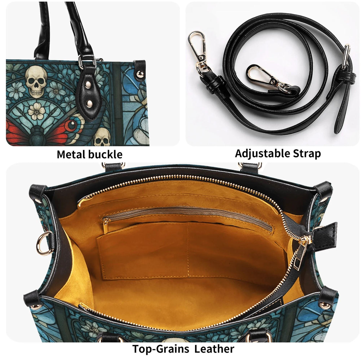 Vintage Moth And Skull Print - Leather Handbag