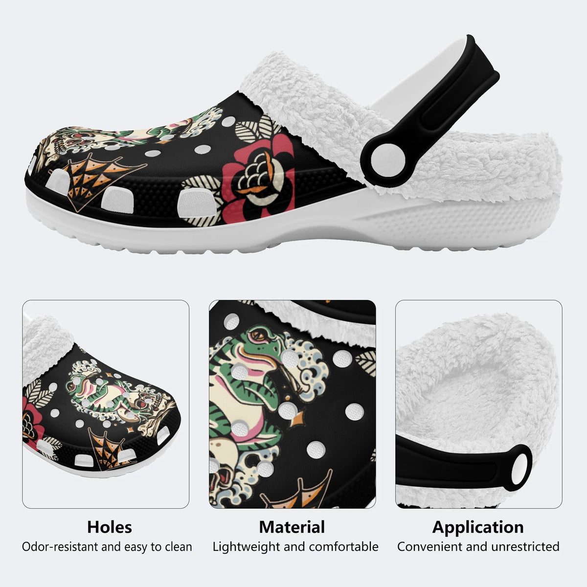 Traditional Skull & Frog Print - Fur Lined Slippers/Sandals