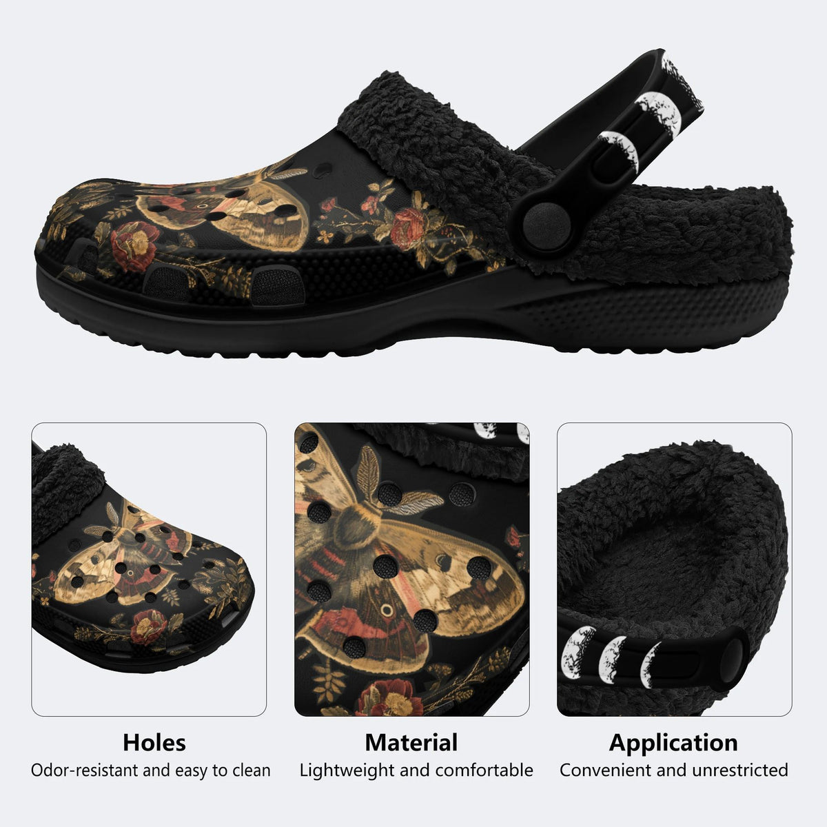 Moth In The Forest Vintage Print - Fur Lined Slippers/Sandals