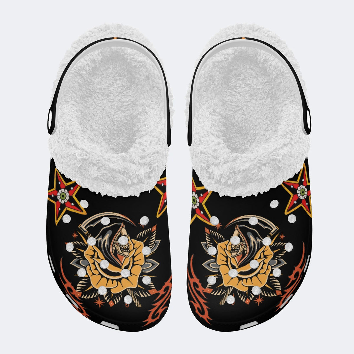 Grim Reaper Flowers Print - Removable Fur Lined Slippers/Sandals