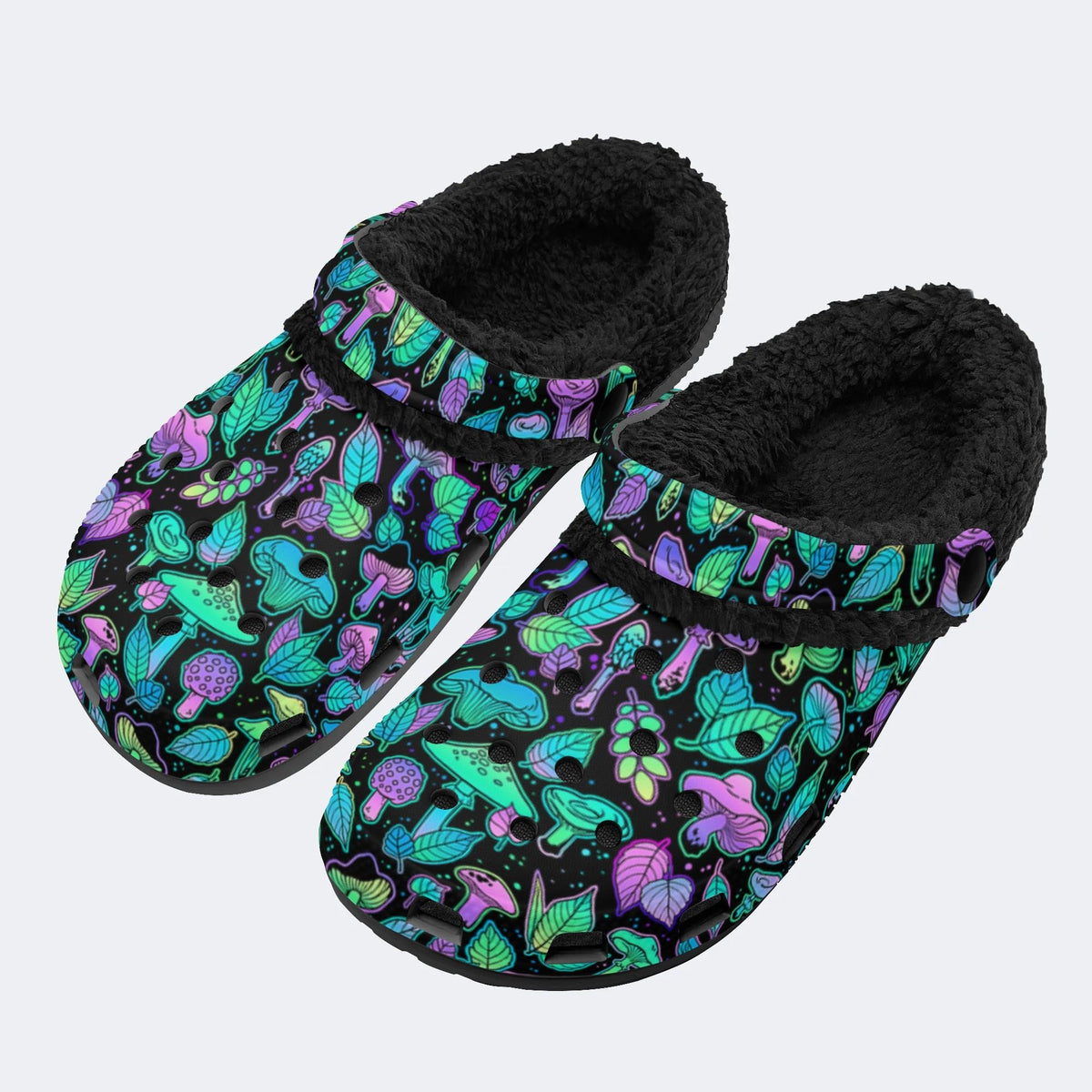 Bright Mushrooms&Plant Leaves Print- Fur Lined Slippers/Sandals