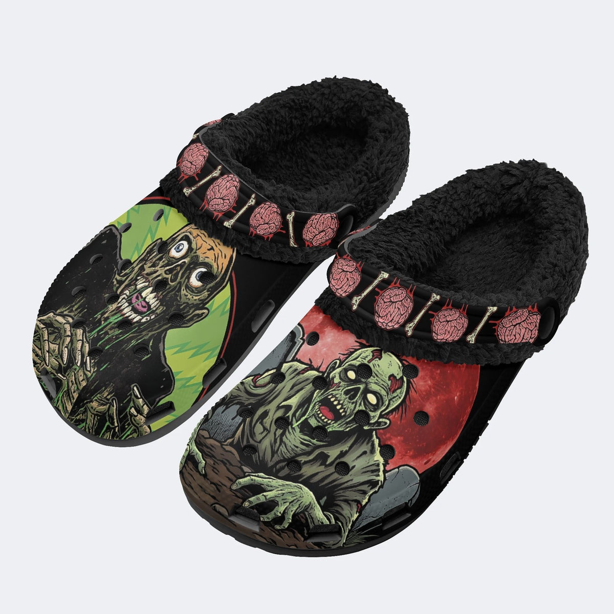 Gothic Horror Zombie Blood Moon Brain - Fur Lined Slippers/Sandals
