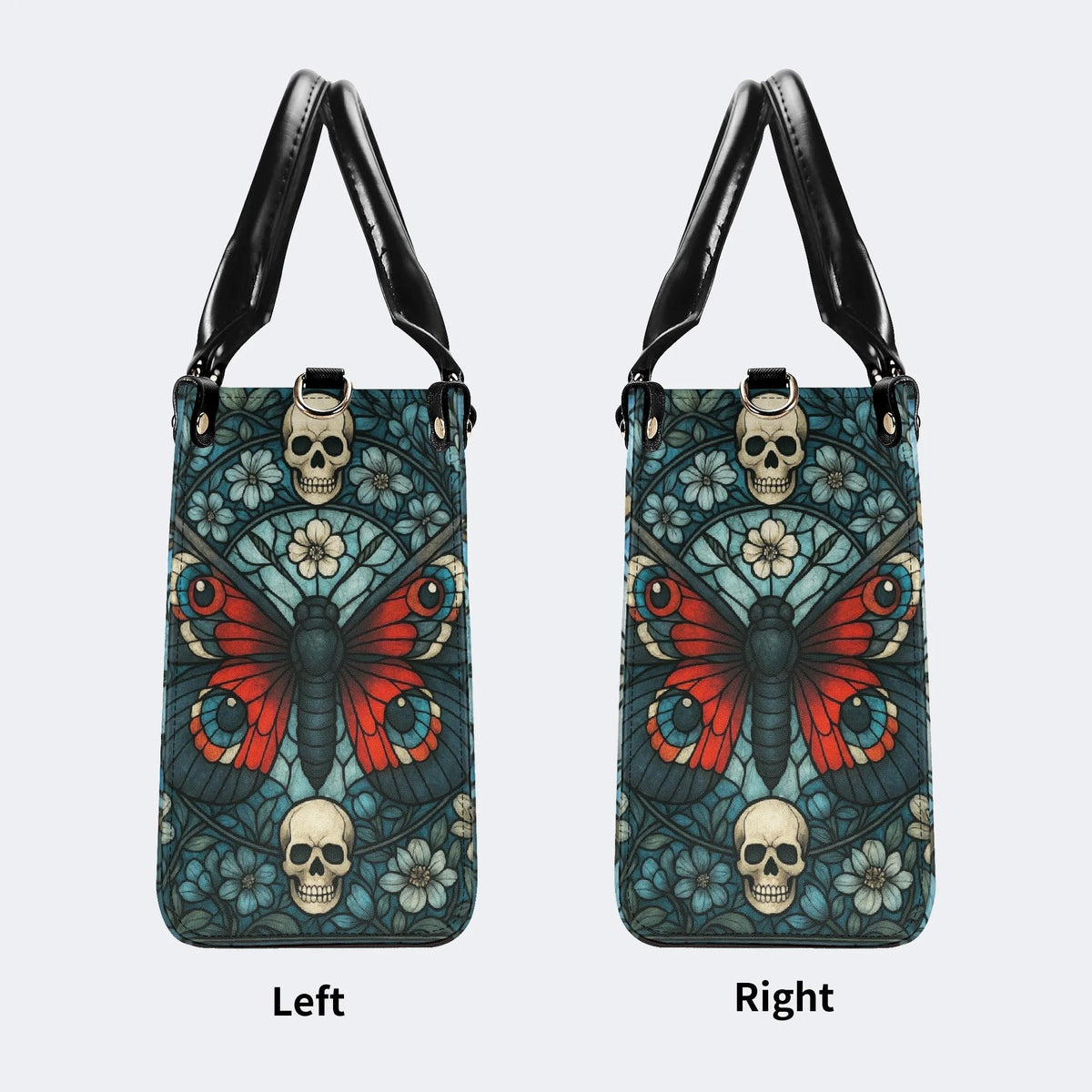 Vintage Moth And Skull Print - Leather Handbag