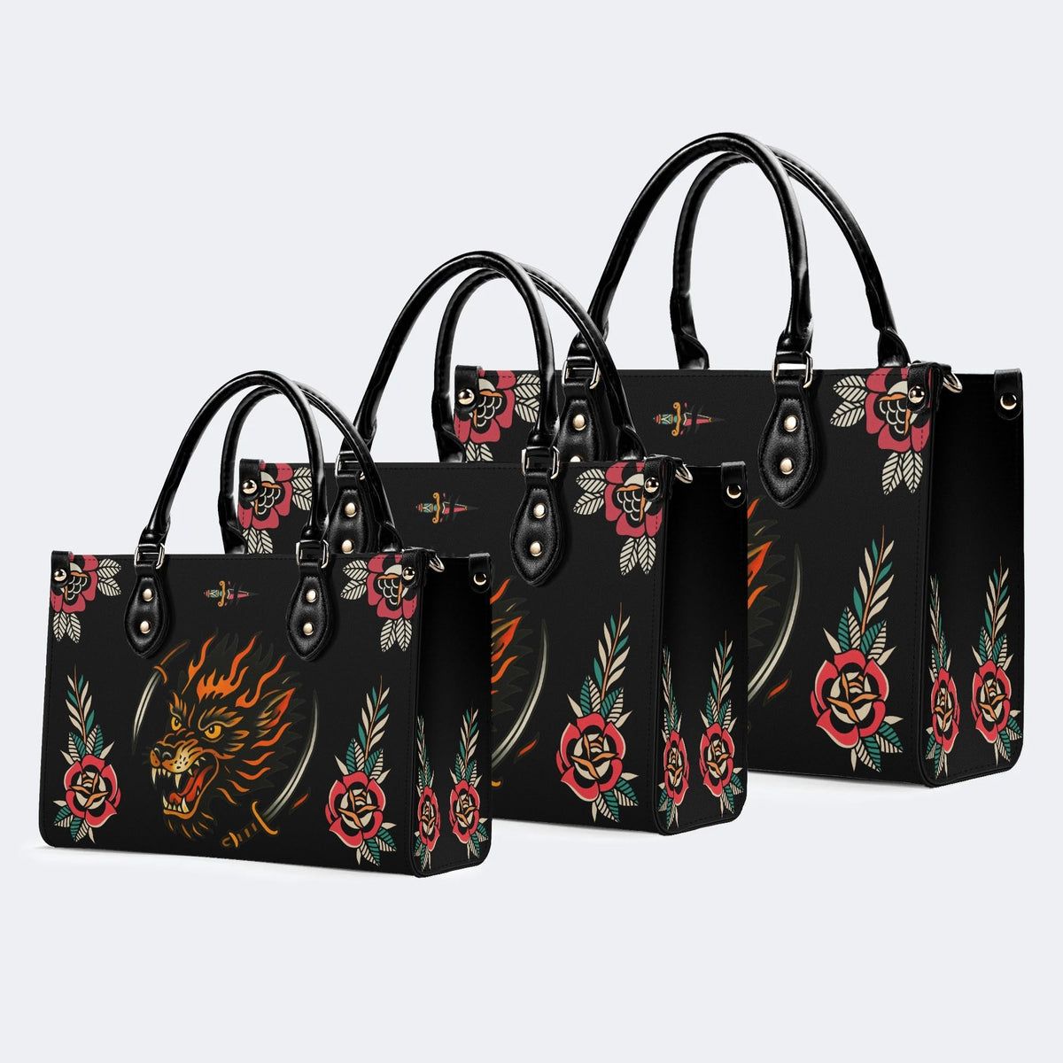 Wolf Head Print - Leather Handbag
