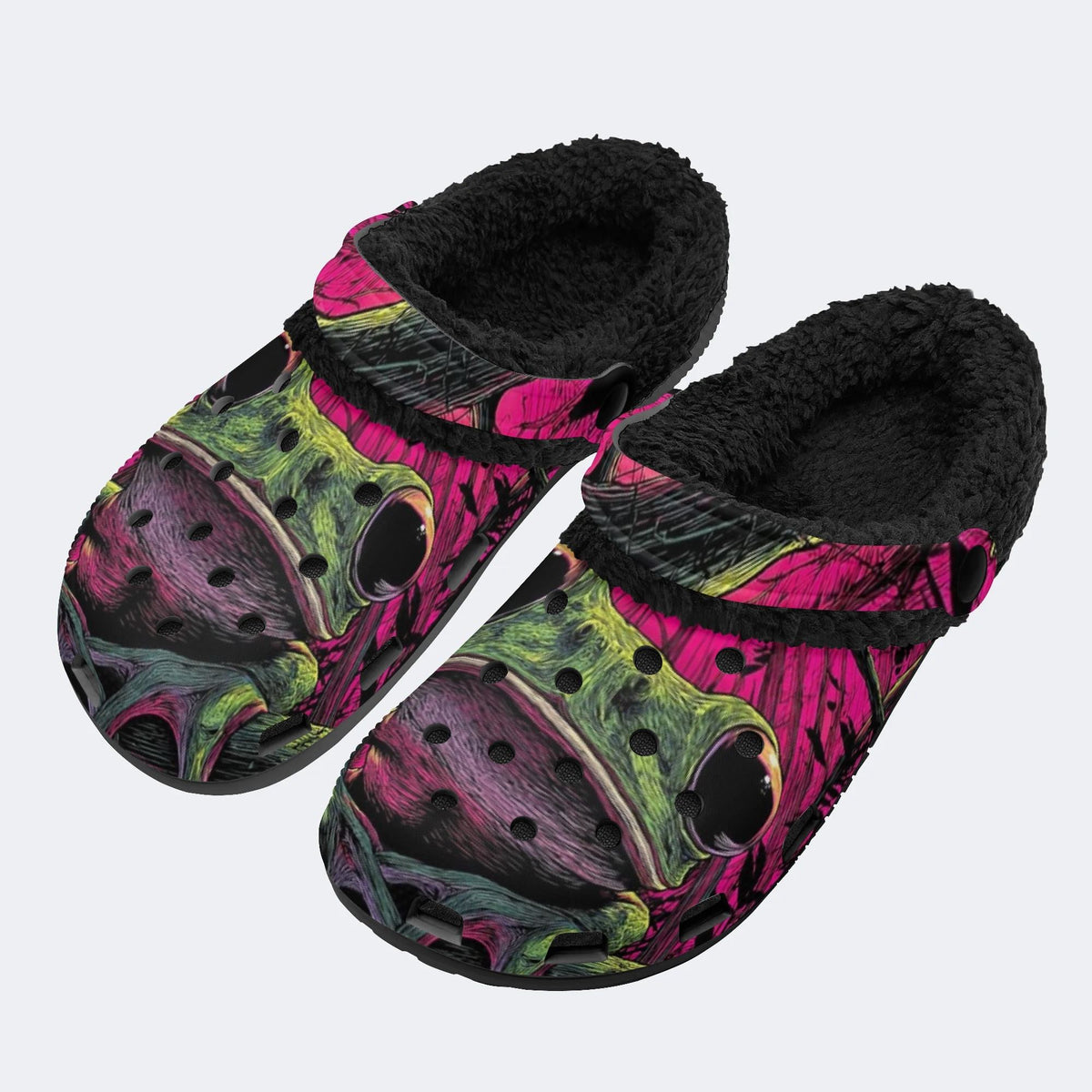 Neon Frog Print - Fur Lined Slippers/Sandals