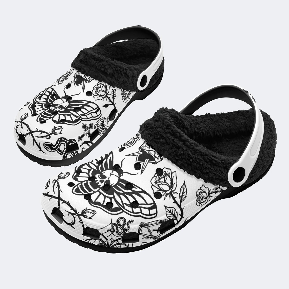 Gothic Death Moth Skull Rose Cross - Fur Lined Slippers/Sandals
