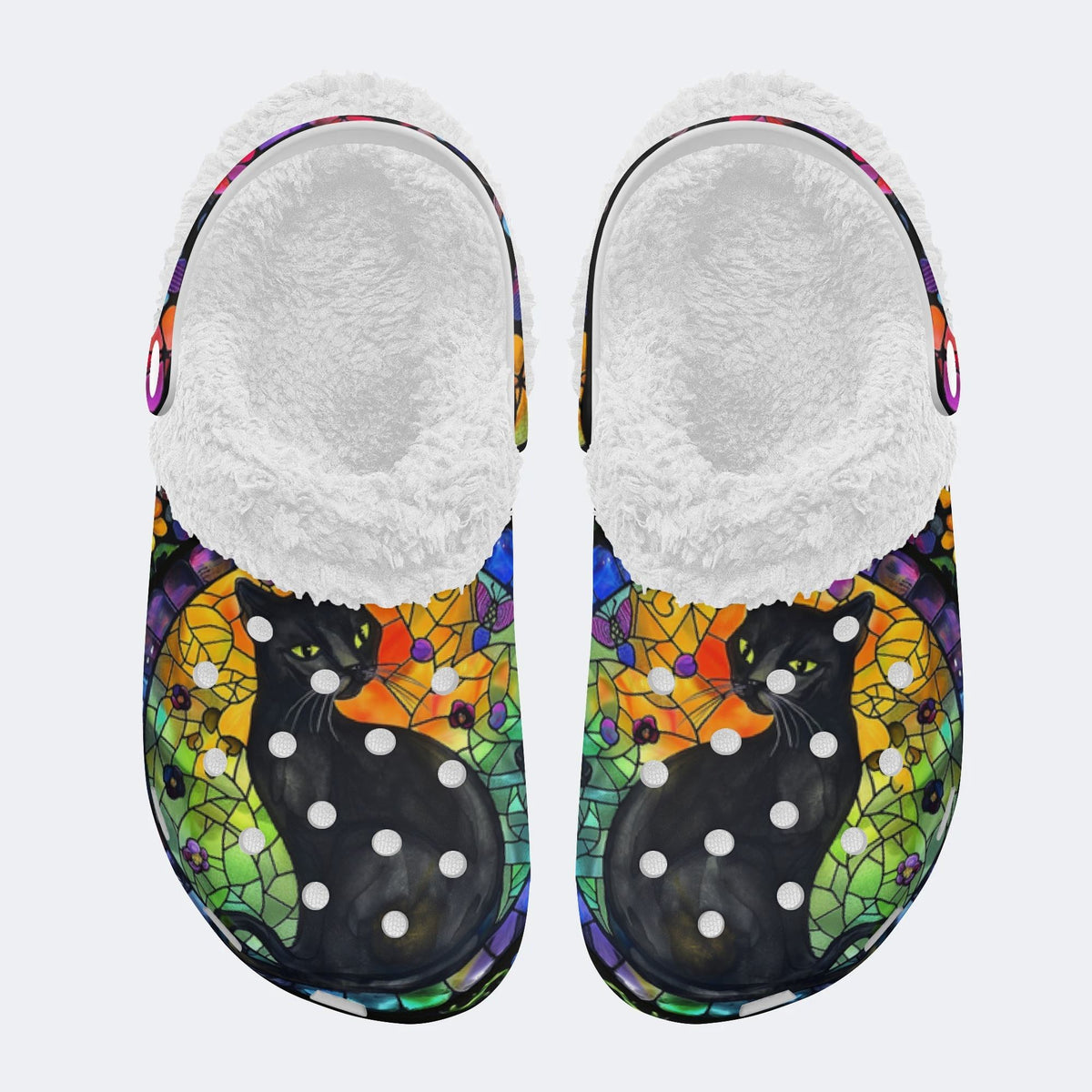 Colorful Glass And Black Cat - Fur Lined Slippers/Sandals