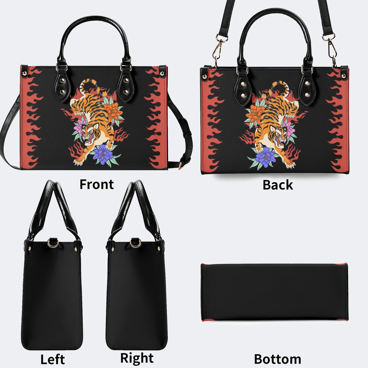Old School Tiger and Flower Print - Leather Handbag