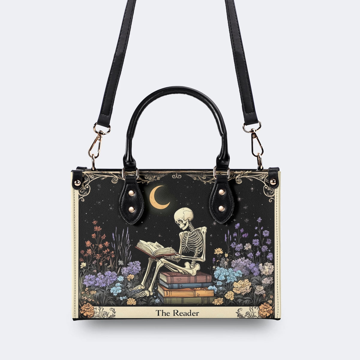 Skeleton Reading A Book Among Flowers - Leather Handbag