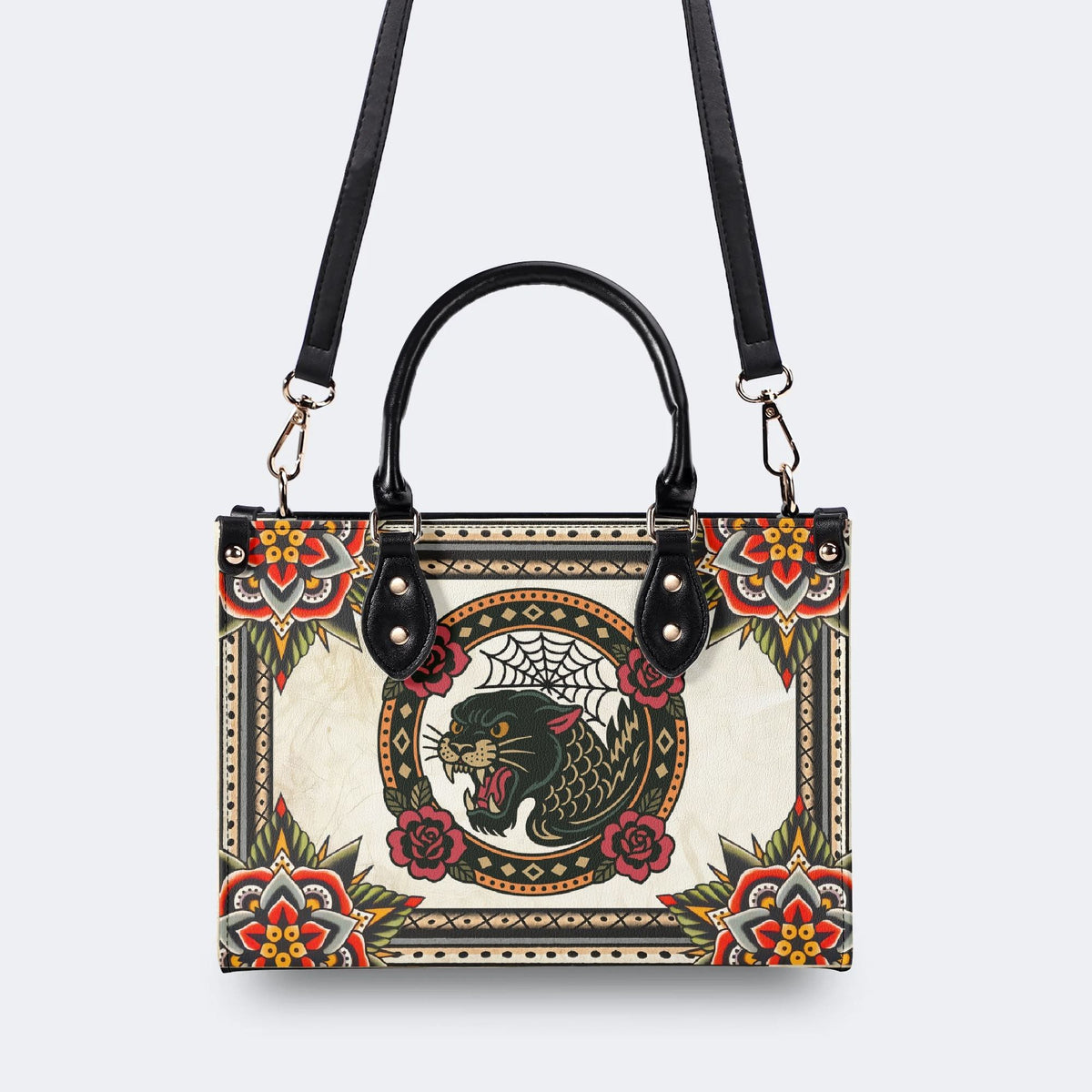 Black Panther Head Print - Leather Handbag