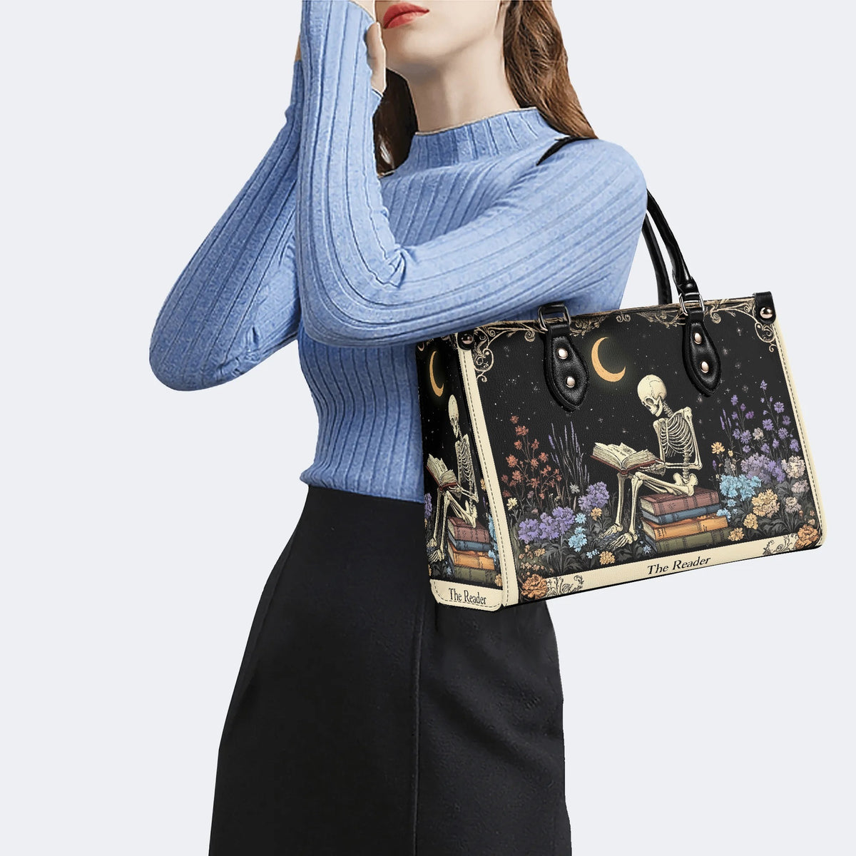 Skeleton Reading A Book Among Flowers - Leather Handbag