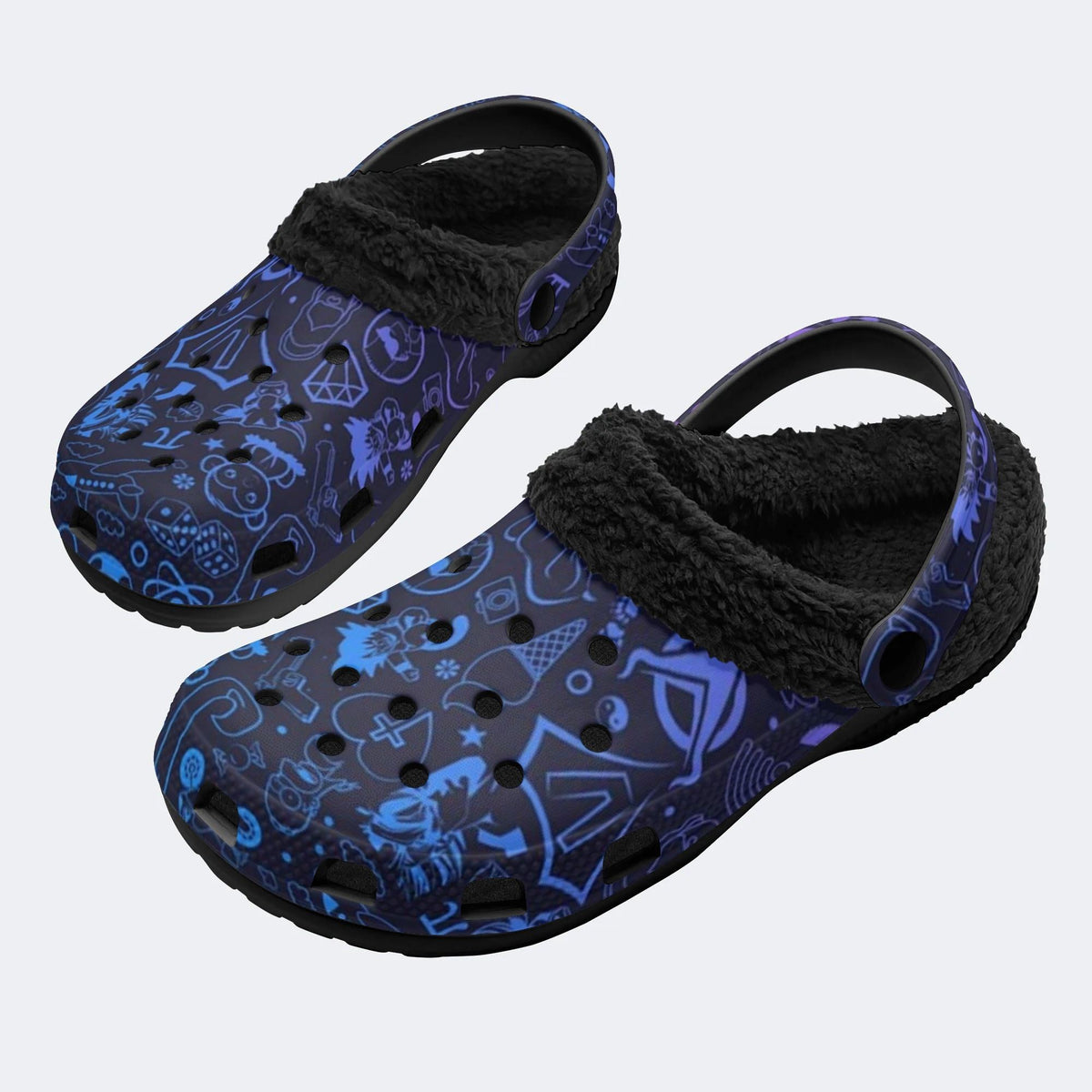 Playful Blue Icon Print - Fur Lined Slippers/Sandals