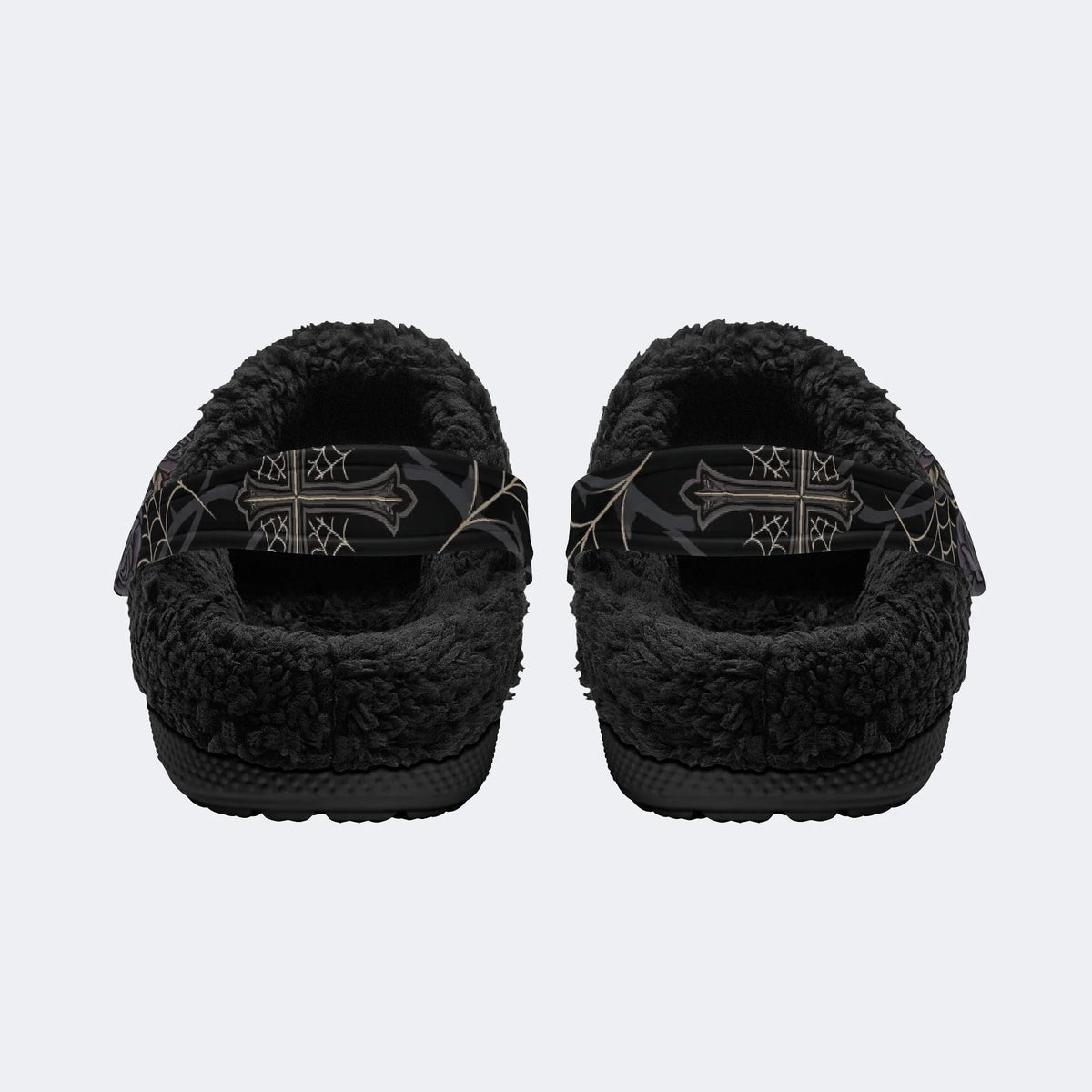 Gothic Cowboy Skeleton Thorn Rose Spider Web Cross‑Fur Lined Slippers/Sandals