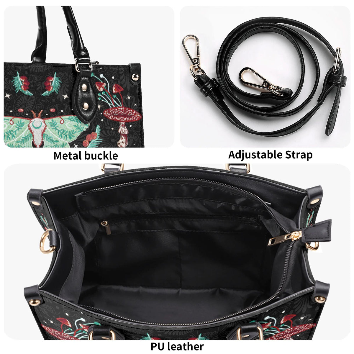 Green Moth In Mushroom Bush - Leather Handbag