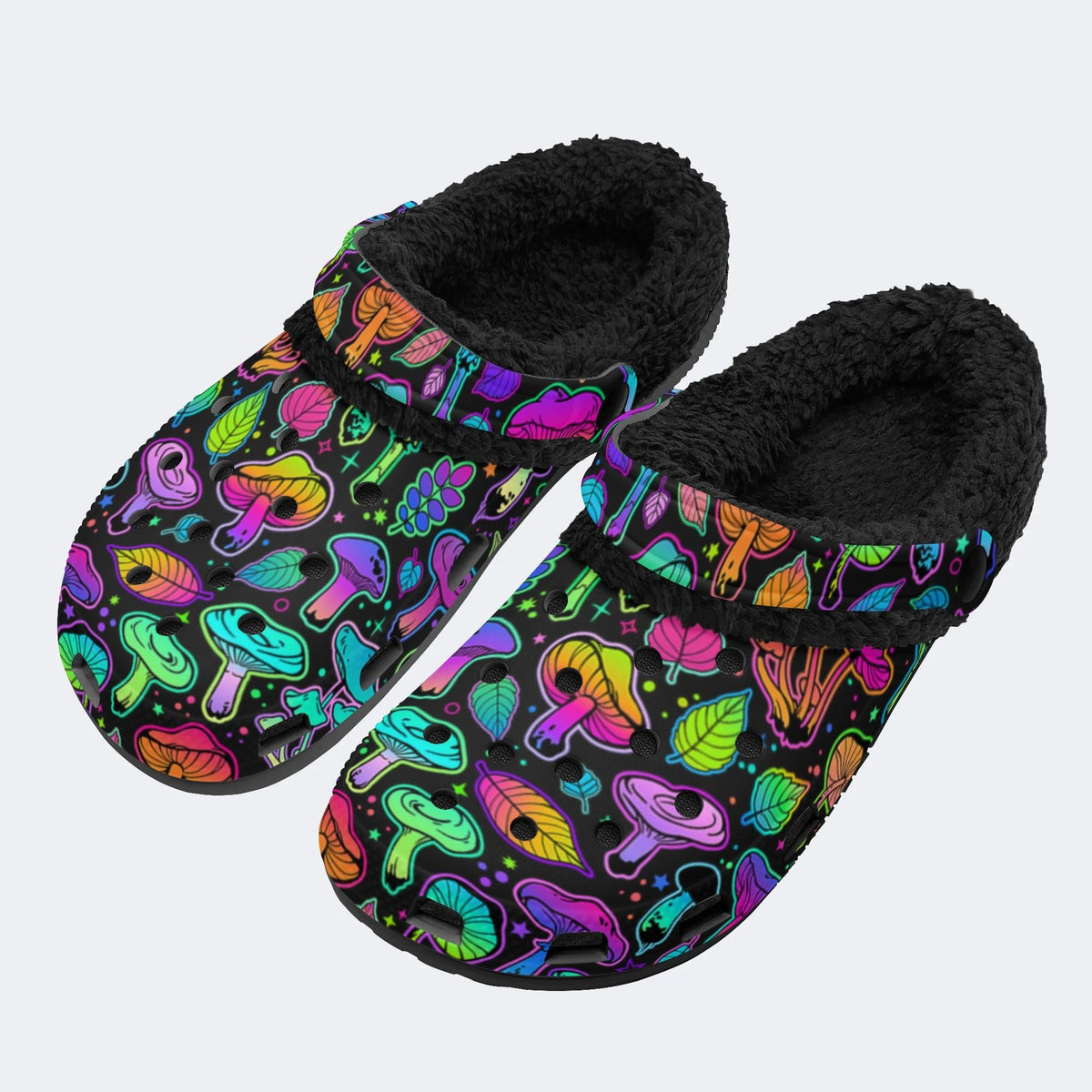 Psychedelic Colors Mushrooms Print - Fur Lined Slippers/Sandals