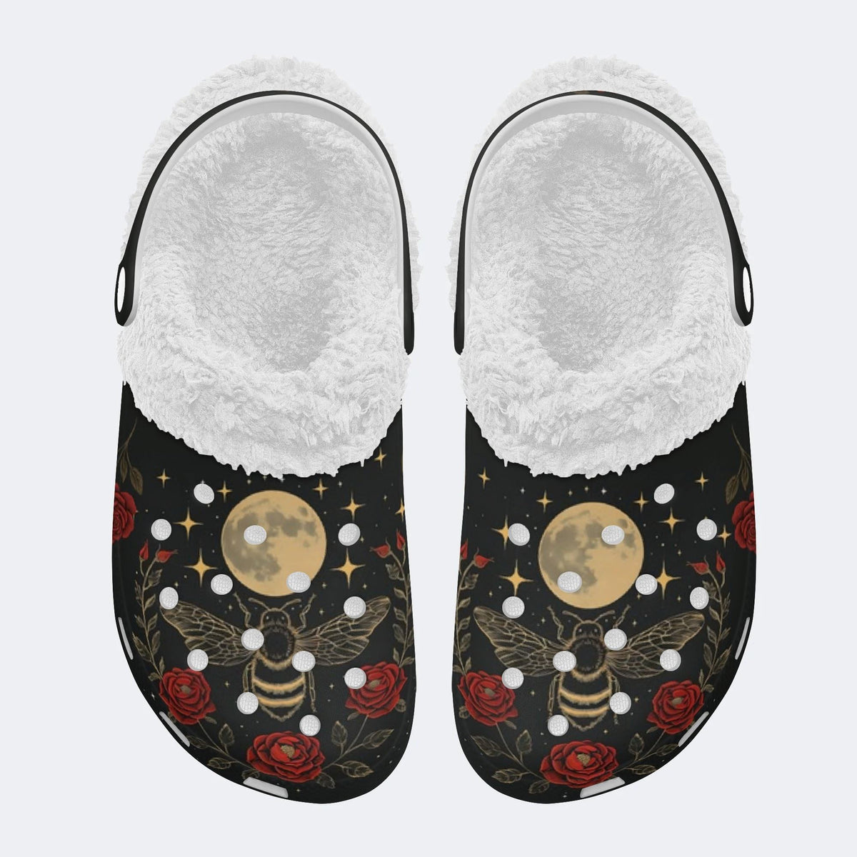 Moth And Moon Print - Fur Lined Slippers/Sandals