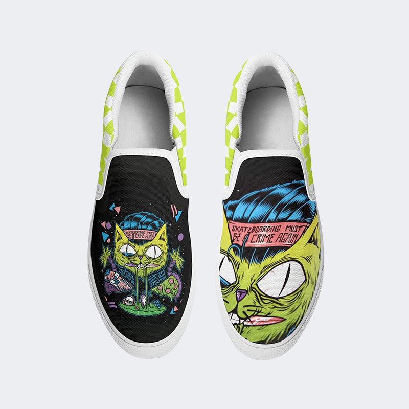 Unisex Skateboarding Cat Print - Slip On Shoes