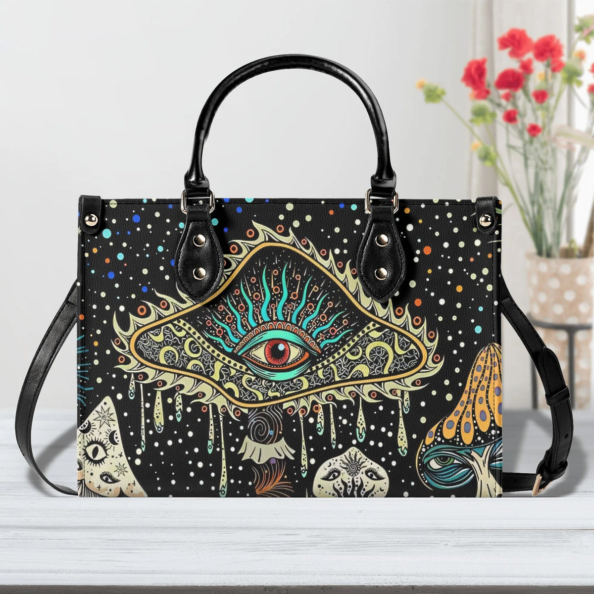 Retro Dark Mushroom Eyes Halloween Print - Handbag