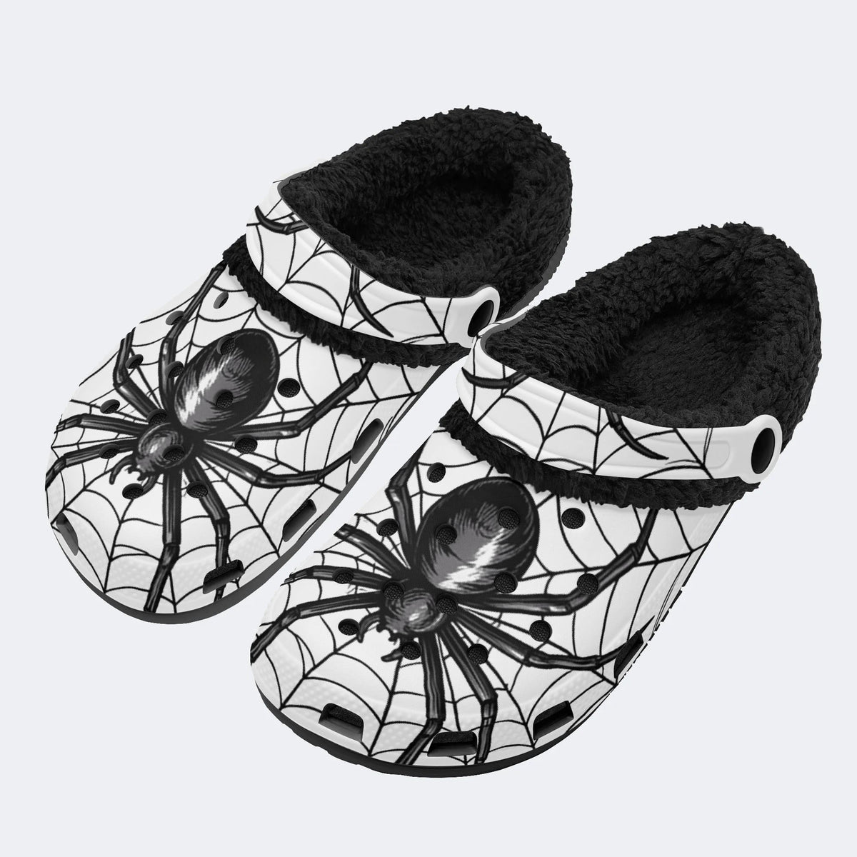Gothic Black Spider Spiderweb White Base - Fur Lined Slippers/Sandals