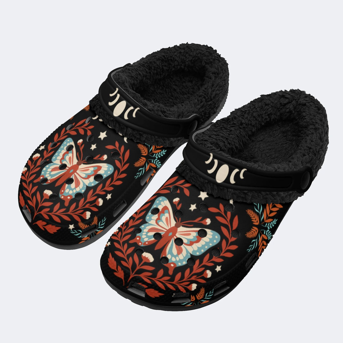 Moth And Leaf Print - Fur Lined Slippers/Sandals