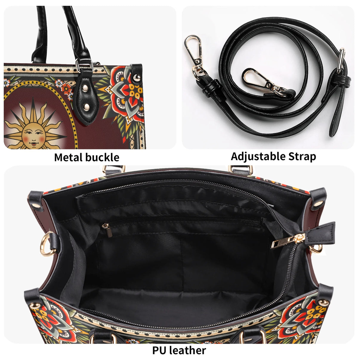 Vintage Smiling Sun Print - Leather Handbag
