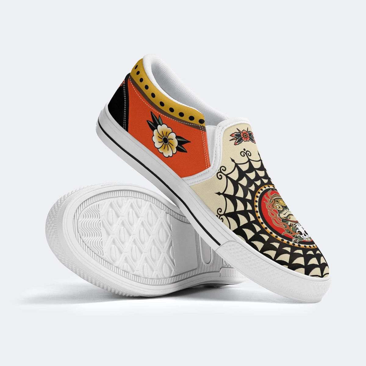 Retro Frog And Skull Print - Slip On Shoes