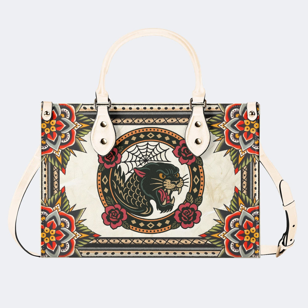 Black Panther Head Print - Leather Handbag