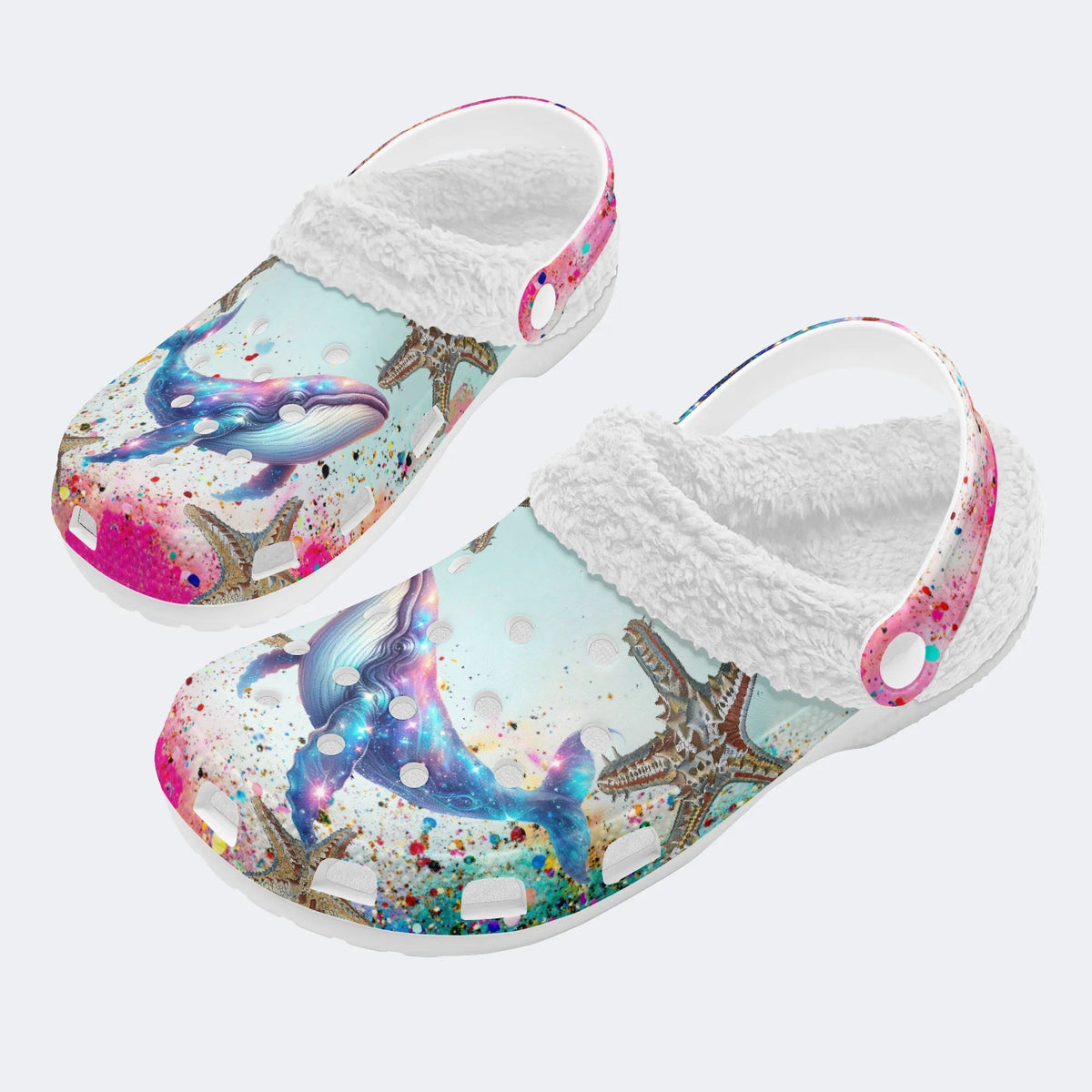 Colorful Whale And Starfish - Fur Lined Slippers/Sandals