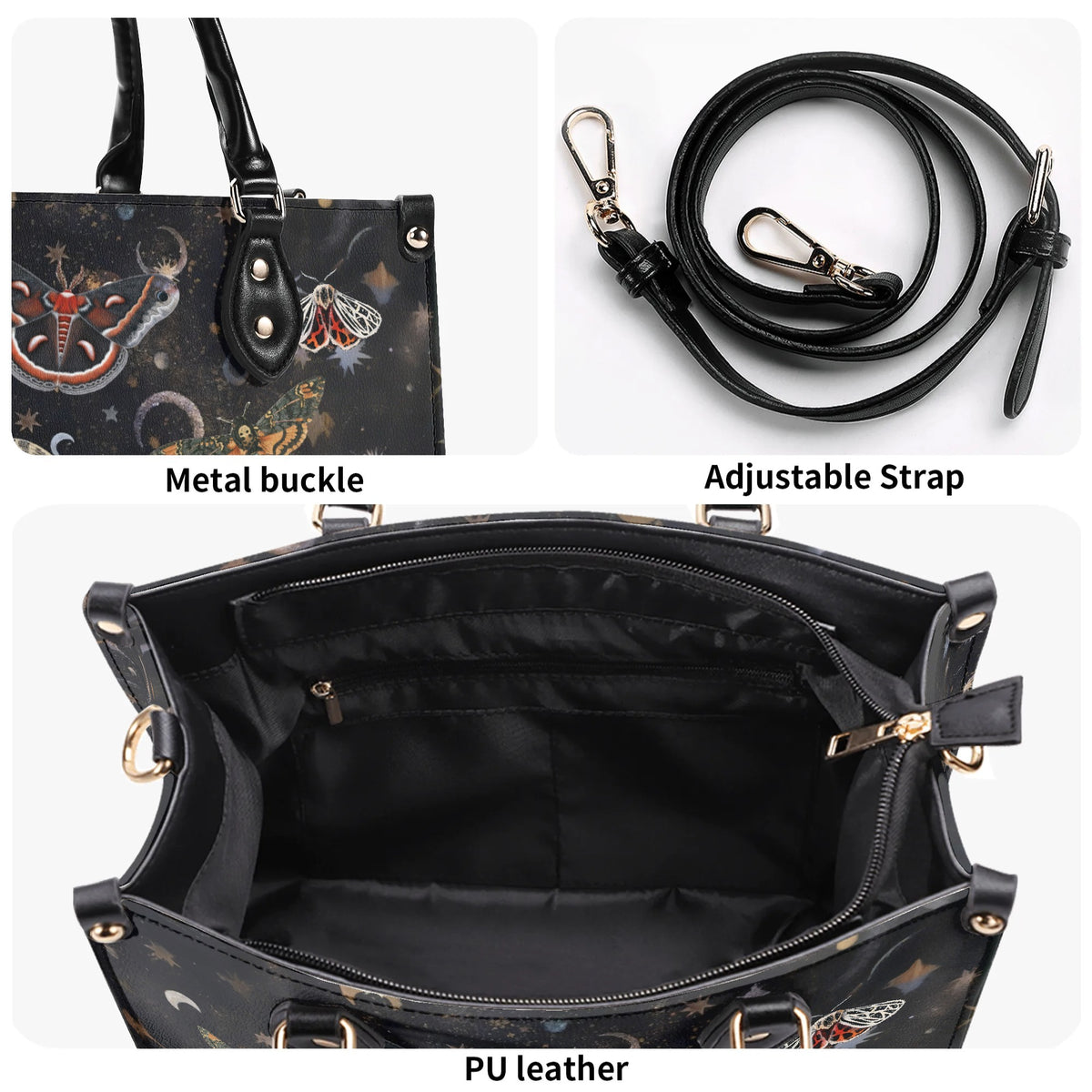 Retro Dark Moth Print - Leather Handbag