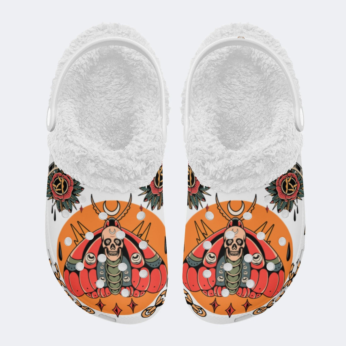 Traditional Death Moth Print - Removable Fur Lined Slippers/Sandals