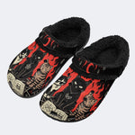 Gothic Occult Black Cat Spell Book Pentagram - Fur Lined Slippers/Sandals