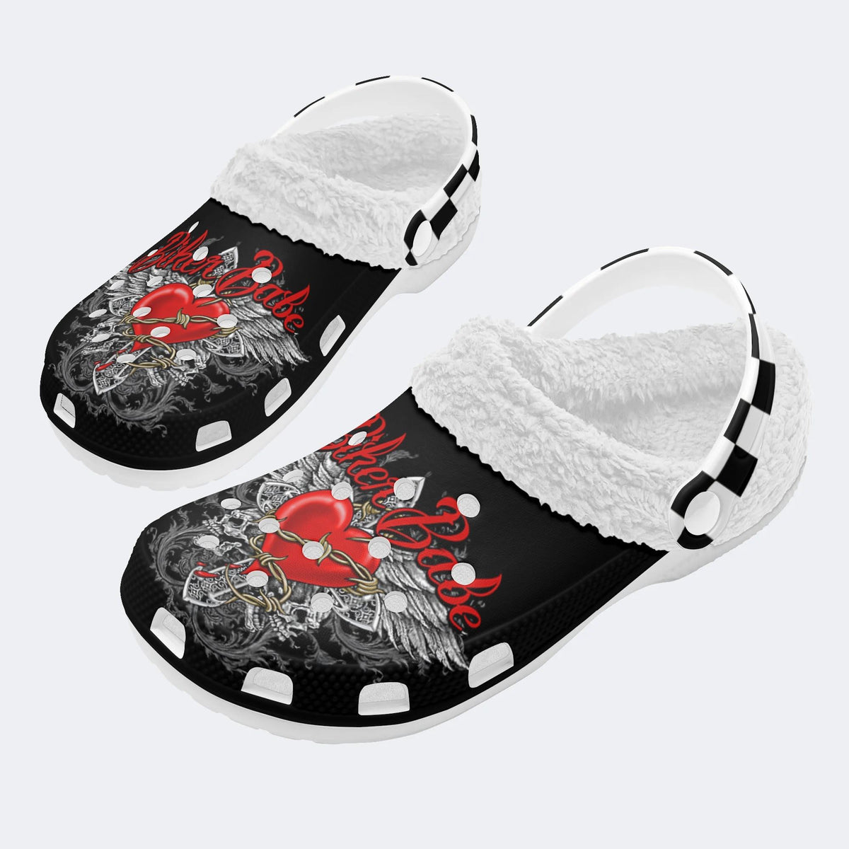 Biker Babe Heart Print - Fur Lined Slippers/Sandals